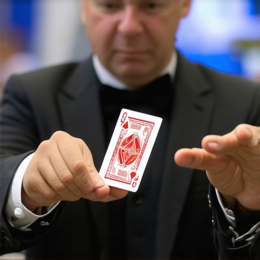 A magician performing close-up magic at a trade show, demonstrating genuine and natural gestures.
