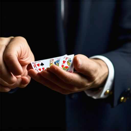 Magician performing sleight-of-hand close-up magic with audience at a busy trade event