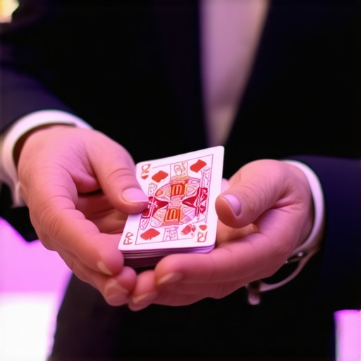 Magician performing sleight of hand for trade show attendees