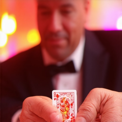 Magician performing close-up magic at a trade show with captivated audience