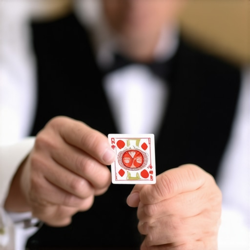 Close-up magician performing sleight of hand emphasizing misdirection and timing.