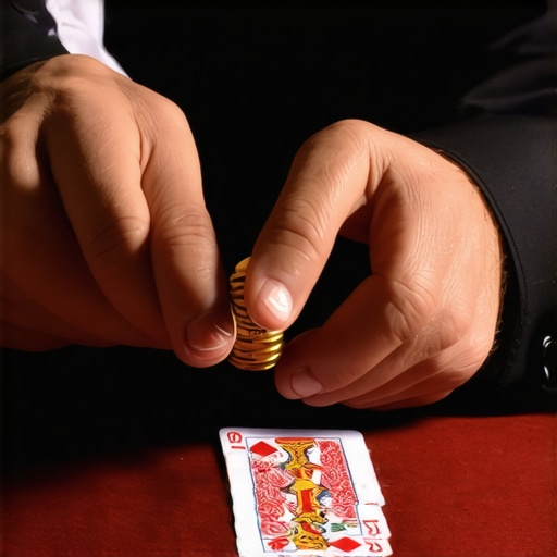 Close-up of magician's hands executing fast sleight of hand with coins