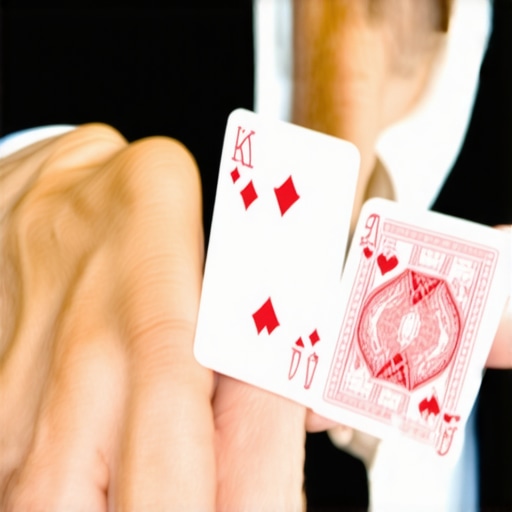 Magician performing quick sleight of hand with cards and coins at a trade show