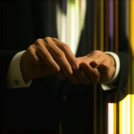 Magician's hands performing an intricate sleight of hand move with cards in a dark environment.