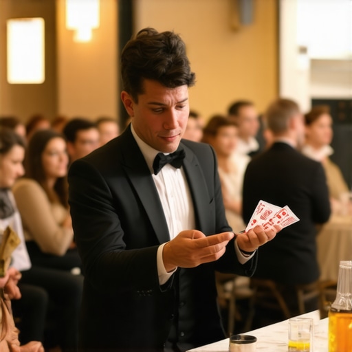 Magician performing quick sleight of hand with audience engagement