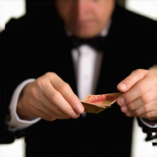 Magician performing quick sleight of hand with audience interaction