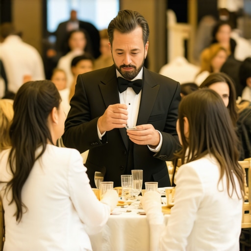 Magician captivating trade show attendees with sleight-of-hand magic
