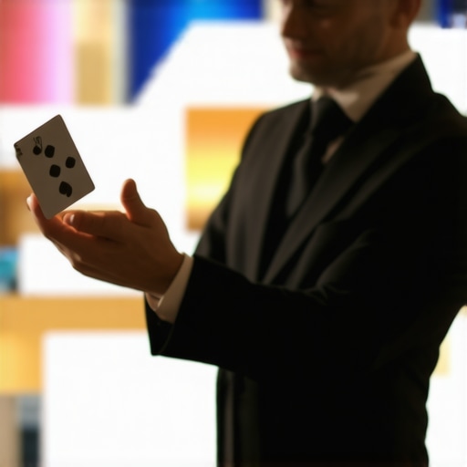 Close-up magic performance at trade show Magician performing sleight of hand to engaged audience at trade event