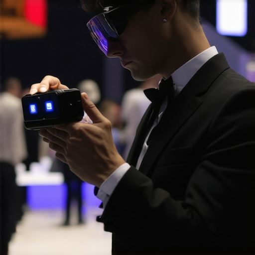 Magician performing augmented reality magic at a busy trade show, engaging audience with futuristic tech.