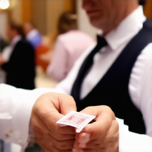 Close-up magician performing sleight of hand at a trade show, captivating audience