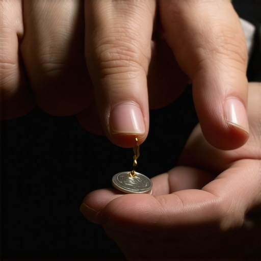 Mastering Coin Vanish in Sleight of Hand Close-up image of magician's hands demonstrating coin vanish technique.