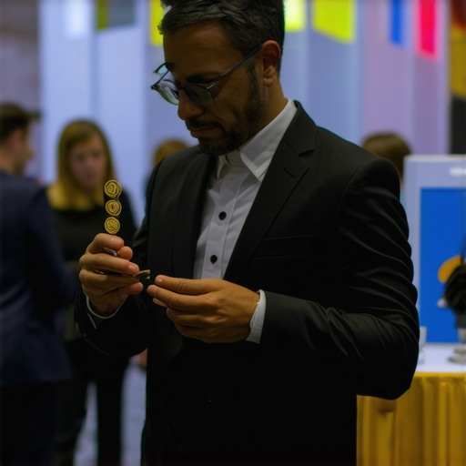 A magician performing a coin trick with an engaged audience at a trade show