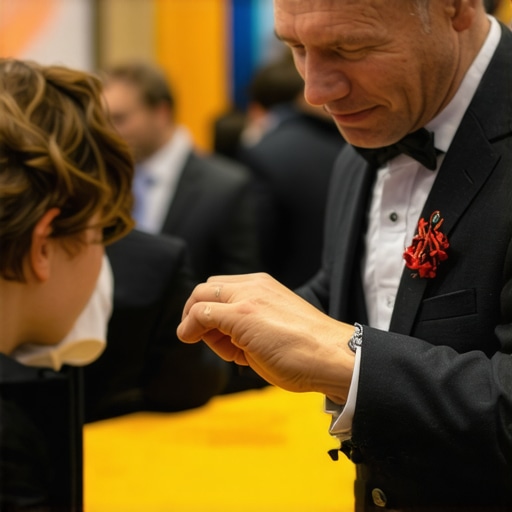 Magician performing close-up magic at a trade show engaging with attendees
