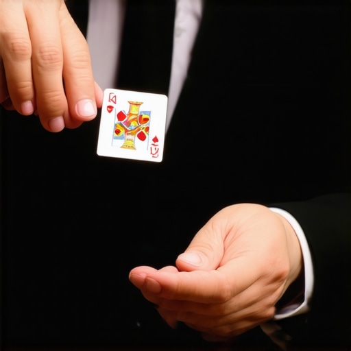 Close-up magician performing sleight of hand at a trade show, engaging audience with confident gestures