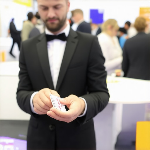 Magician confidently executing a sleight of hand trick at a trade show