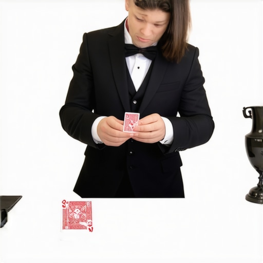 Magician performing card magic for an attentive trade show audience.