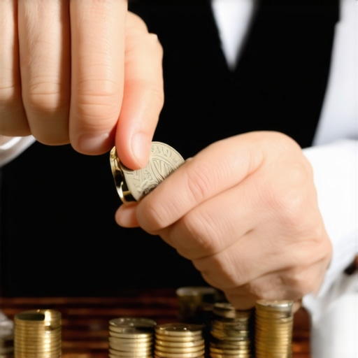 Magician practicing coin sleight of hand with focus and precision