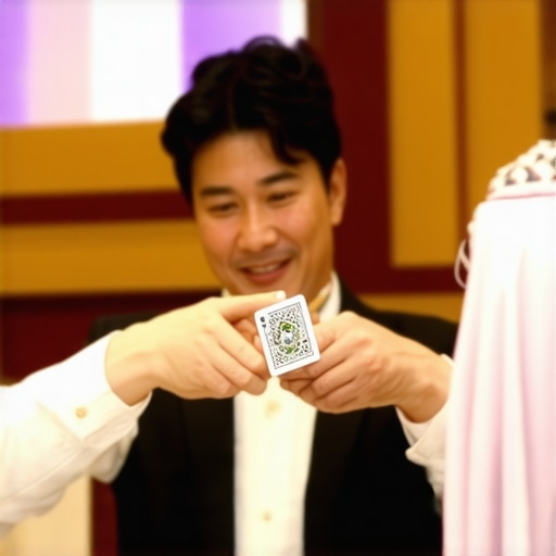 Magician performing trust-building tricks with audience at trade show