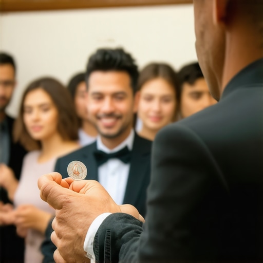 Magician performing a coin vanish for an engaged audience at a trade show.