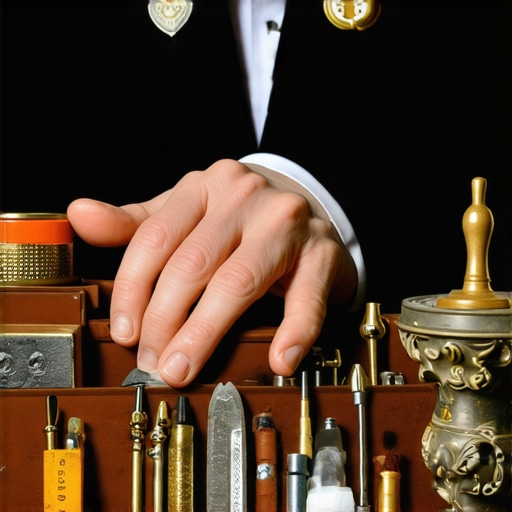 A magician's hand adjusting a props with other tools in the background