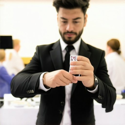 Close-up of a magician performing a quick sleight of hand trick for an engaged audience