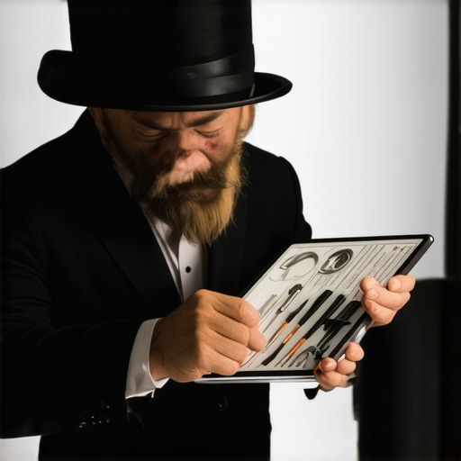 Magician practicing with professional props and digital tools. A magician rehearsing with custom props and a tablet to ensure performance reliability.