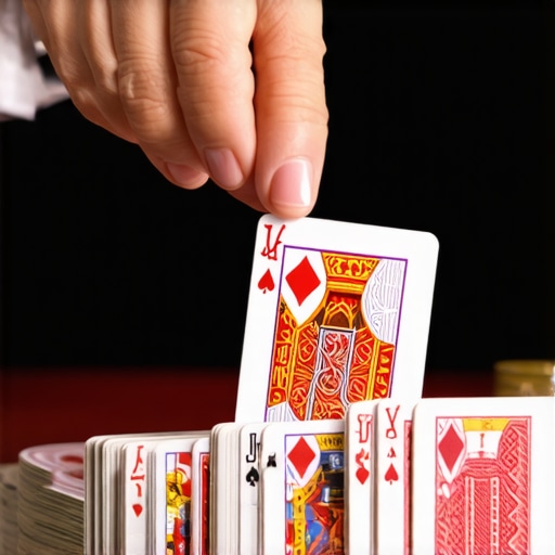 Close-up of a magician's hands performing a sleight in a lively trade show setting