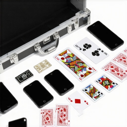 A well-organized toolkit containing magician's props, cards, and tech devices ready for trade show performances.