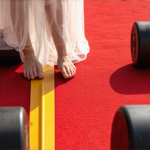 Person applying heavy-duty double-sided tape to a red carpet runner, anchoring it with weights outdoors.