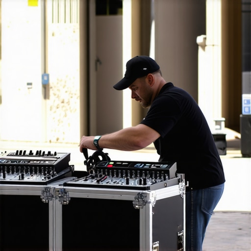 Equipment Maintenance and Organization for Events Technician inspecting and organizing sound and inflatable equipment for a seamless event setup.