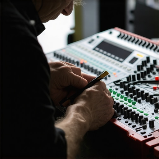 Technician adjusting sound gear at an event for optimal performance.