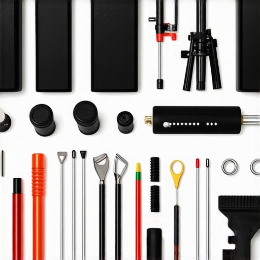 An organized setup of event lighting and stage equipment for maintenance