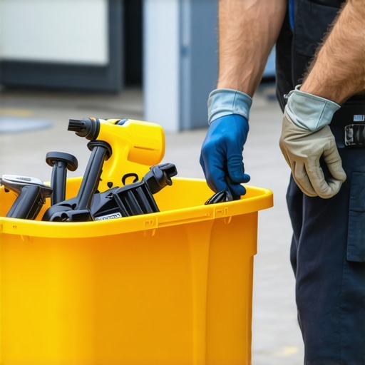 Event staff inspecting and cleaning rental equipment with tools and safety gear