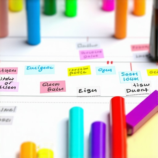 A colorful digital timeline chart showcasing various planning phases and deadlines for a large event.