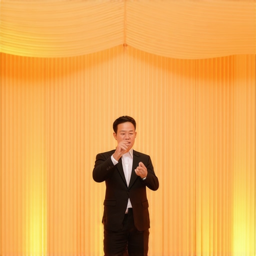Magician entertaining guests at an upscale event with organized stage and rental equipment.