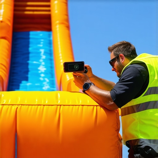 Tech Inspection of Inflatable Water Slide Technician using a wireless inspection camera on inflatable water slide during maintenance