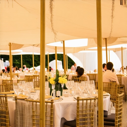 A sophisticated outdoor gala with wind-resistant canopies and smoothly arranged decor.