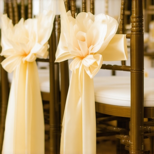 Close-up of stylishly decorated chiavari chairs with satin sashes and floral decor for a wedding