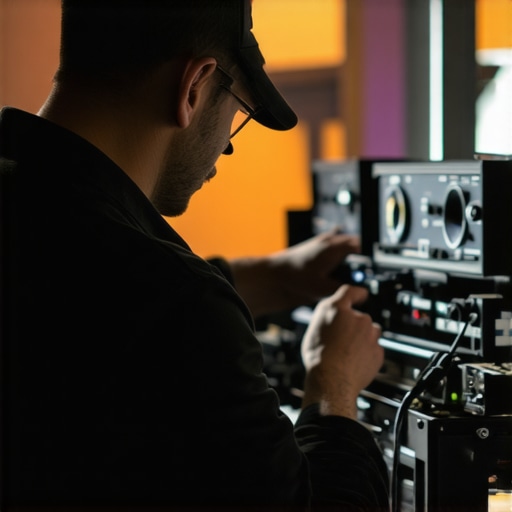 Technician inspecting and maintaining event technology equipment in a professional setting.