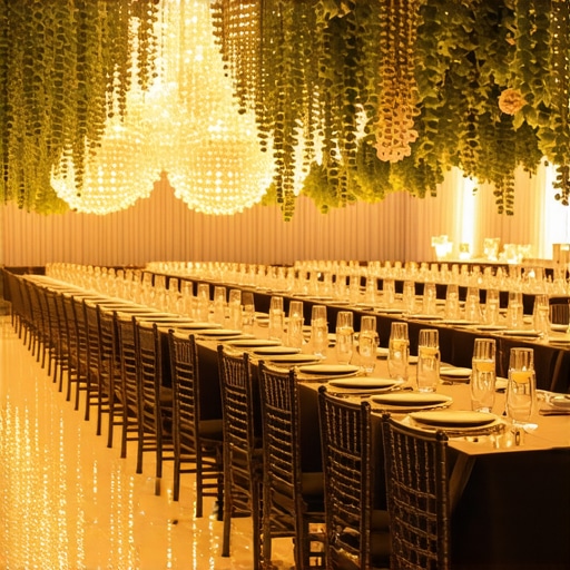 Elegant event tables decorated with matching themes, lighting, and floral arrangements, showcasing cohesion