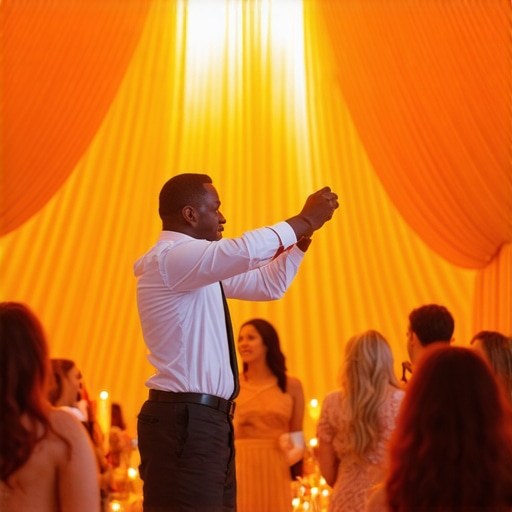 Guests engaging with live magician inside a decorated event tent