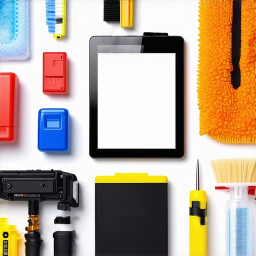 A close-up of various maintenance tools including digital devices and cleaning supplies used for event equipment upkeep.