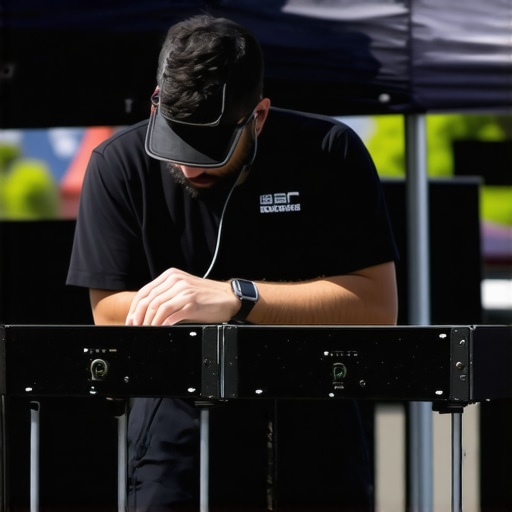 Proper Maintenance for Event Equipment Technician inspecting audio and tent gear during event preparation.