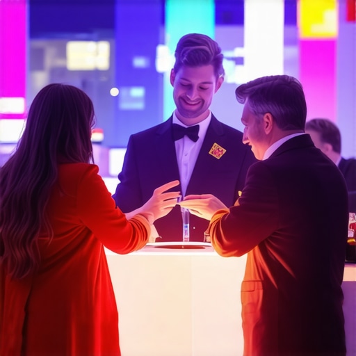 Magician captivating trade show attendees with close-up illusions