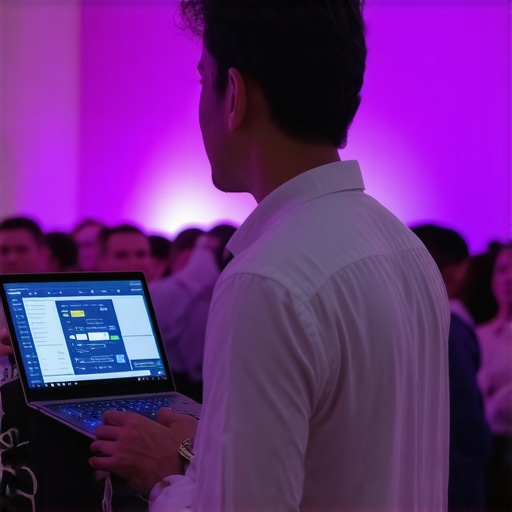 Event organizer using digital tools to coordinate lighting, stage, and guest movement at a corporate conference.