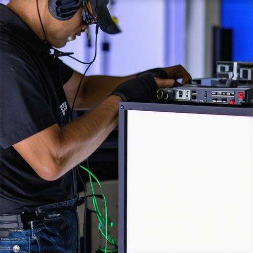 Technician servicing AV equipment during event setup
