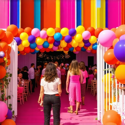 Guests being greeted at an outdoor event with colorful decorations and engagement activities.