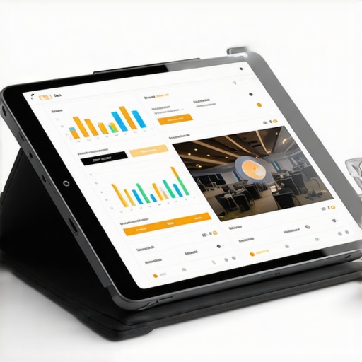 Advanced Event Analytics Dashboard A digital tablet showing real-time event flow and inventory maintenance data for a professional planner.