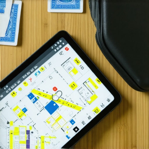 Digital event layout planning tool and professional magician equipment on a table.