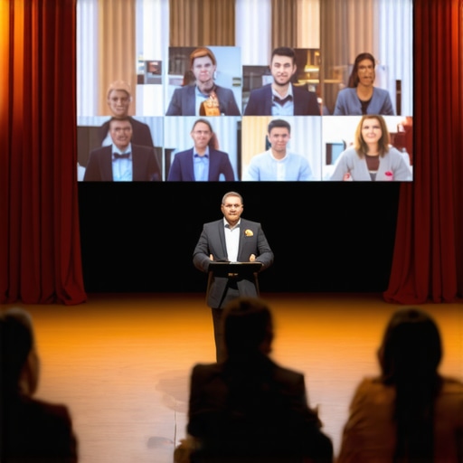 A magician performing at a hybrid corporate event with virtual attendees on screen
